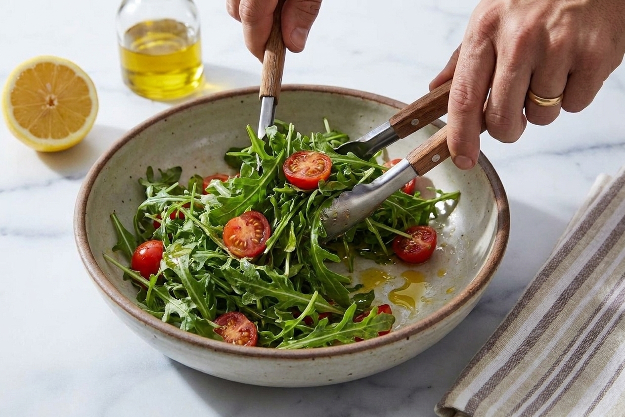 A bowl of arugula being tossed with lemon juice and olive oil using tongs on a kitchen counter