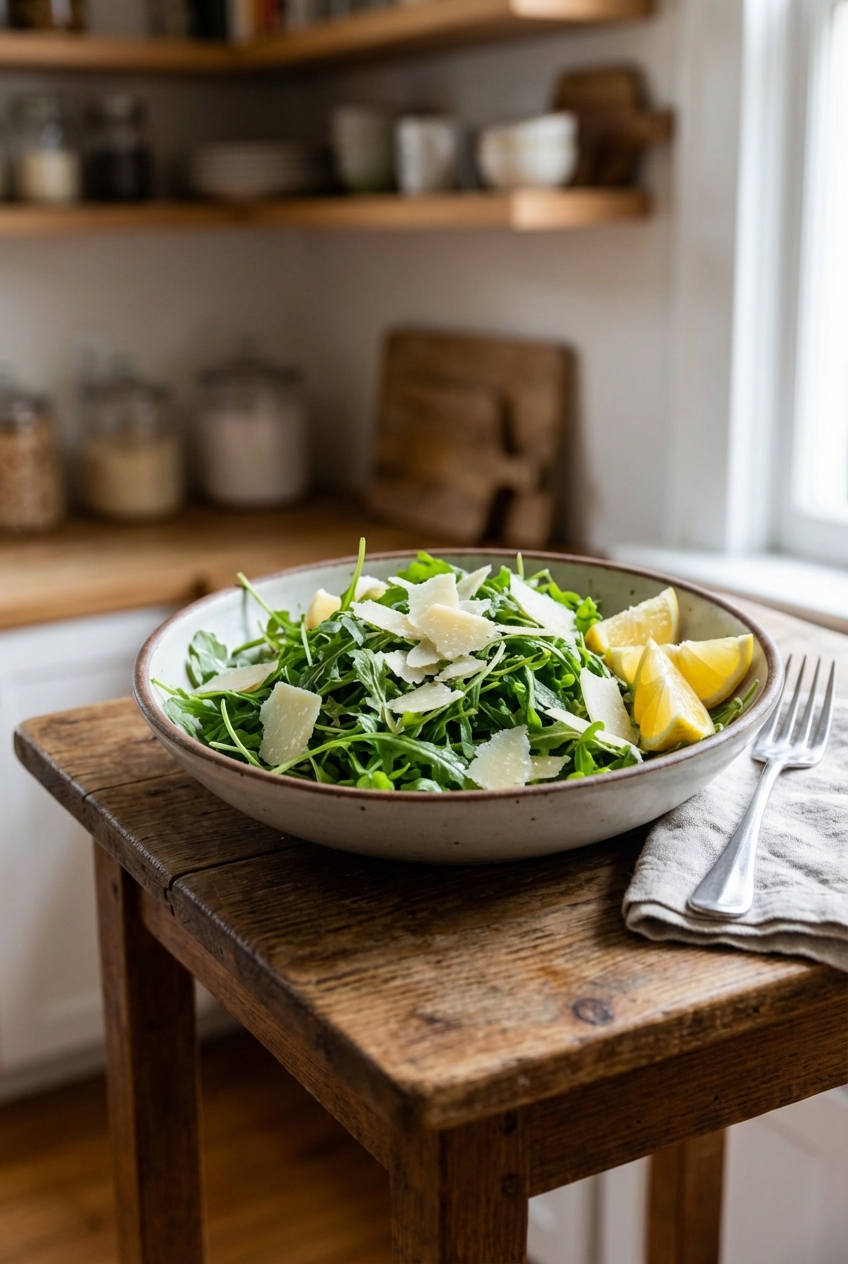 A bowl of arugula salad with lemon wedges and shaved parmesan on a small table