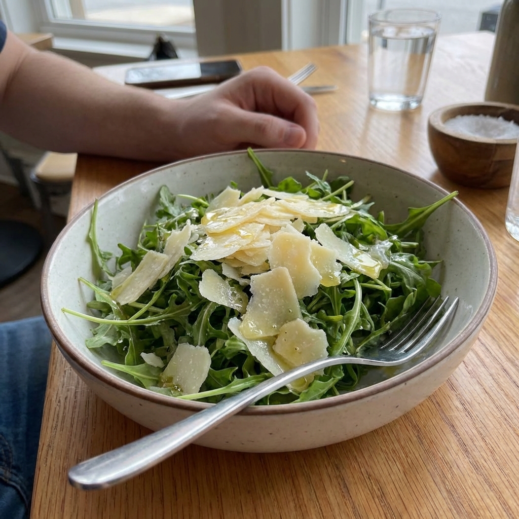 A bowl of arugula salad with shaved Parmesan and lemon vinaigrette