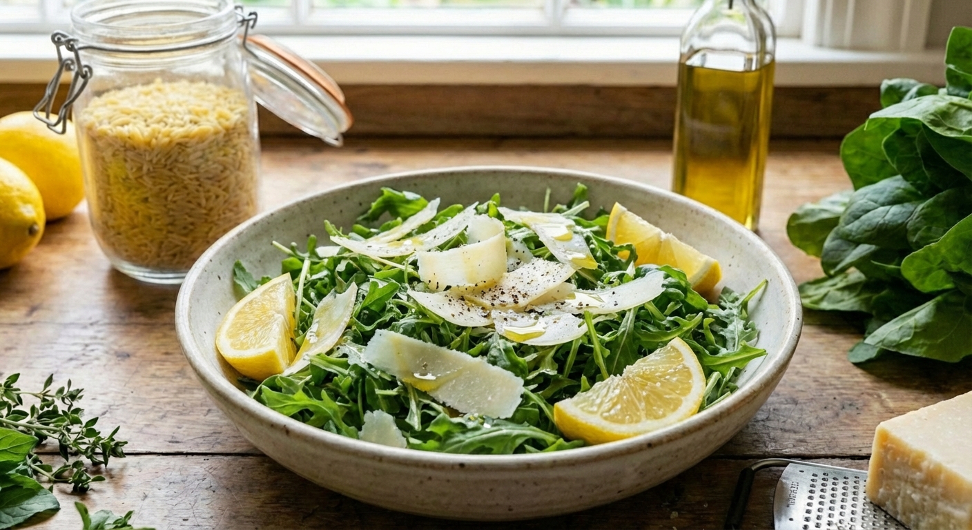 A bowl of arugula salad with shaved Parmesan and lemon wedges