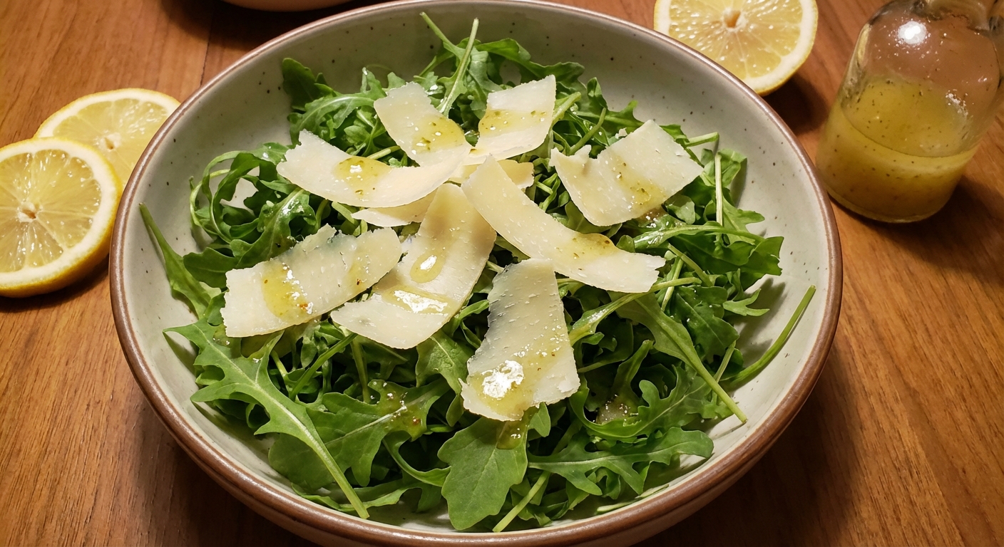A bowl of arugula salad with shaved Parmesan and lemon vinaigrette