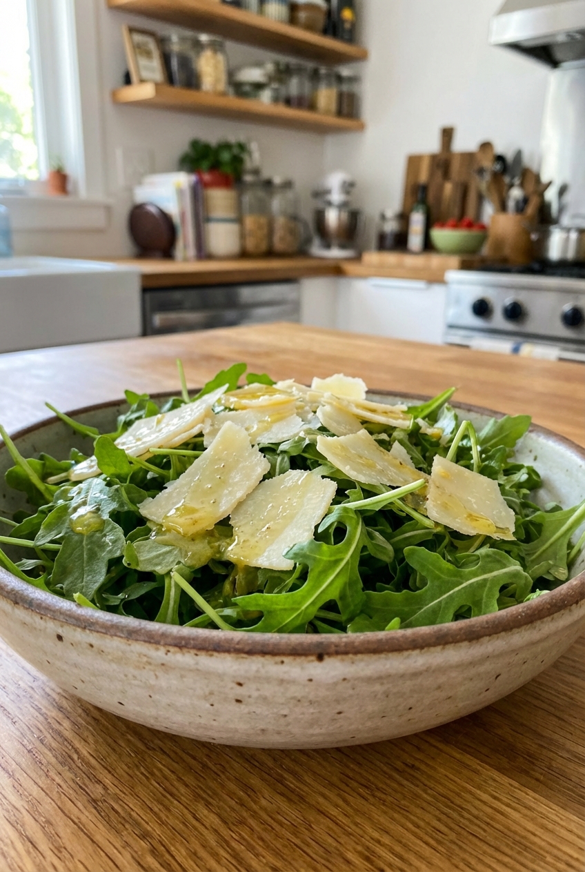 A bowl of arugula salad with shaved parmesan and a lemon vinaigrette