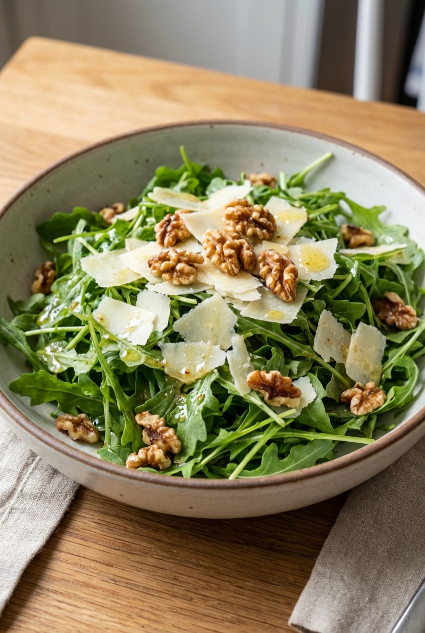 A bowl of arugula salad with shaved parmesan and toasted nuts