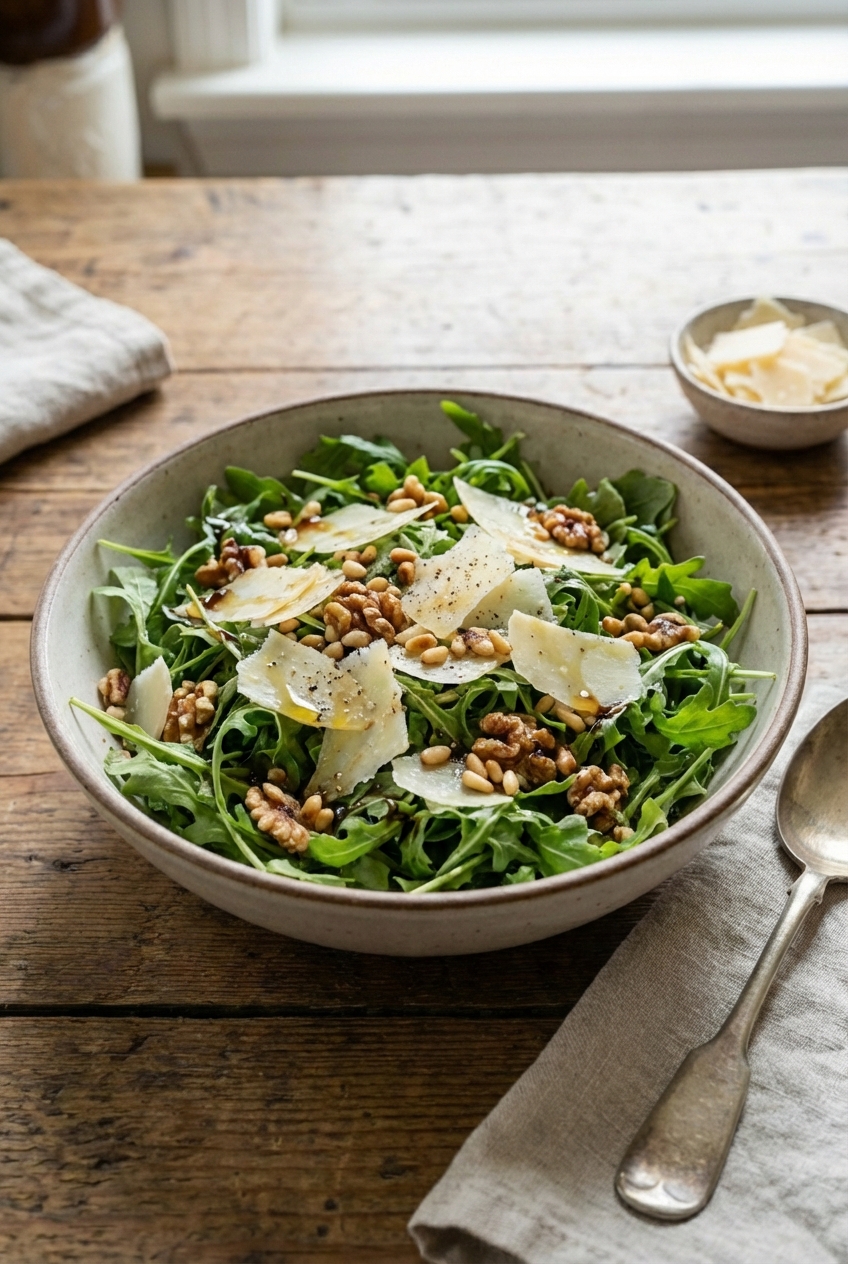 A bowl of arugula salad with shaved parmesan and toasted nuts