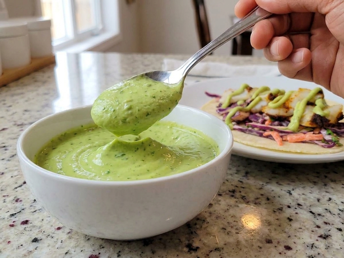 A bowl of avocado crema served on a table next to tacos, with a spoon lifting a creamy scoop