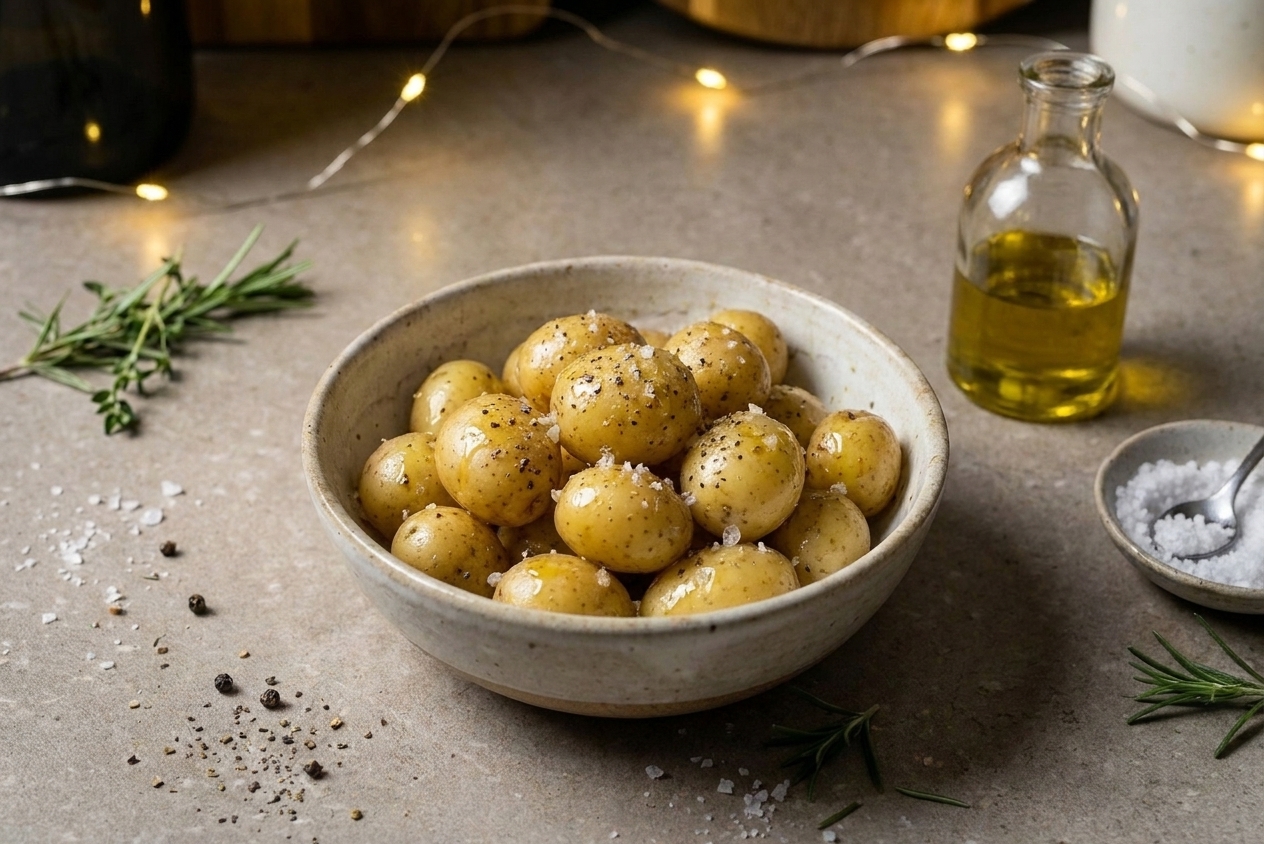 A bowl of baby gold potatoes with kosher salt, black pepper, and olive oil on a light stone kitchen counter