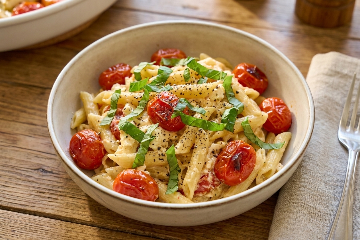 A bowl of baked feta pasta topped with torn basil and cracked black pepper on a simple dinner table setting