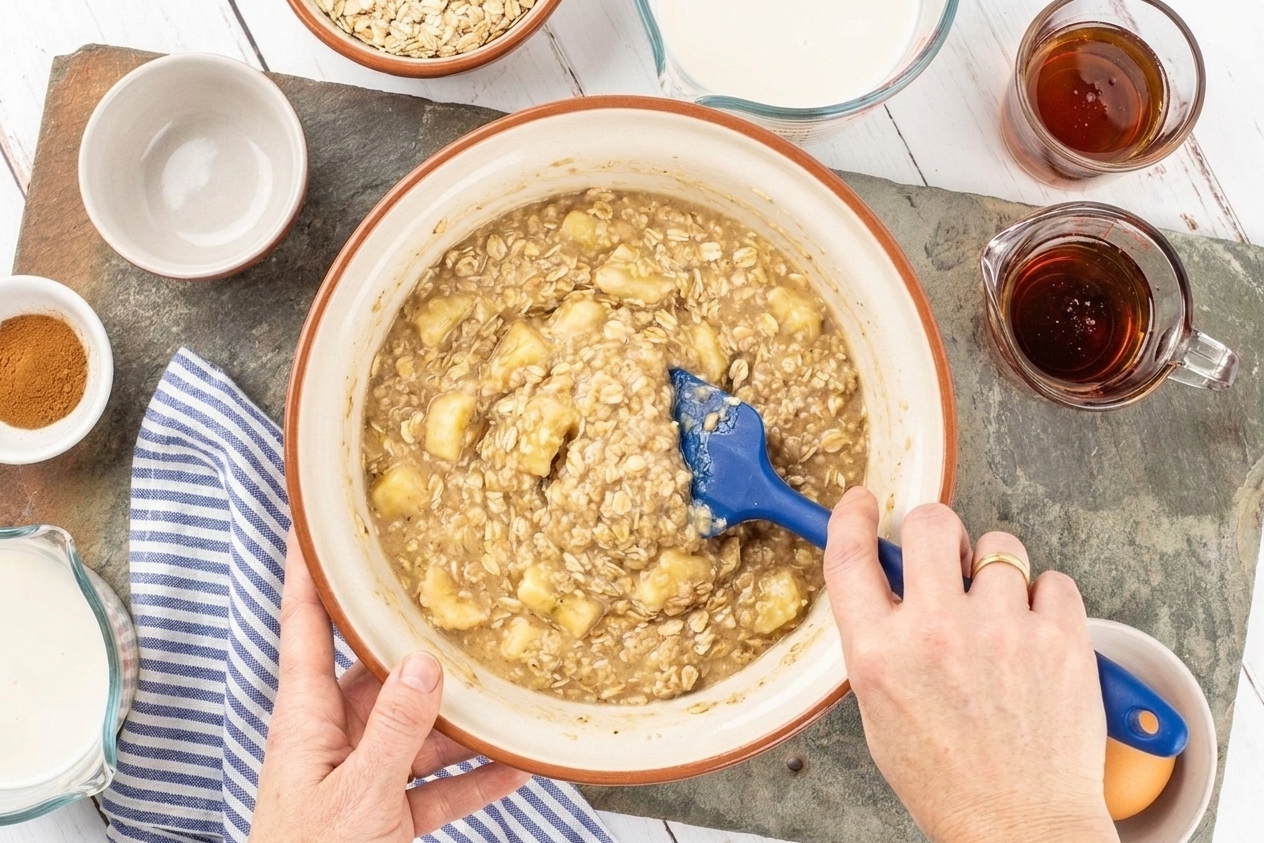 A bowl of baked oatmeal batter with mashed banana and oats being stirred with a rubber spatula on a bright kitchen counter