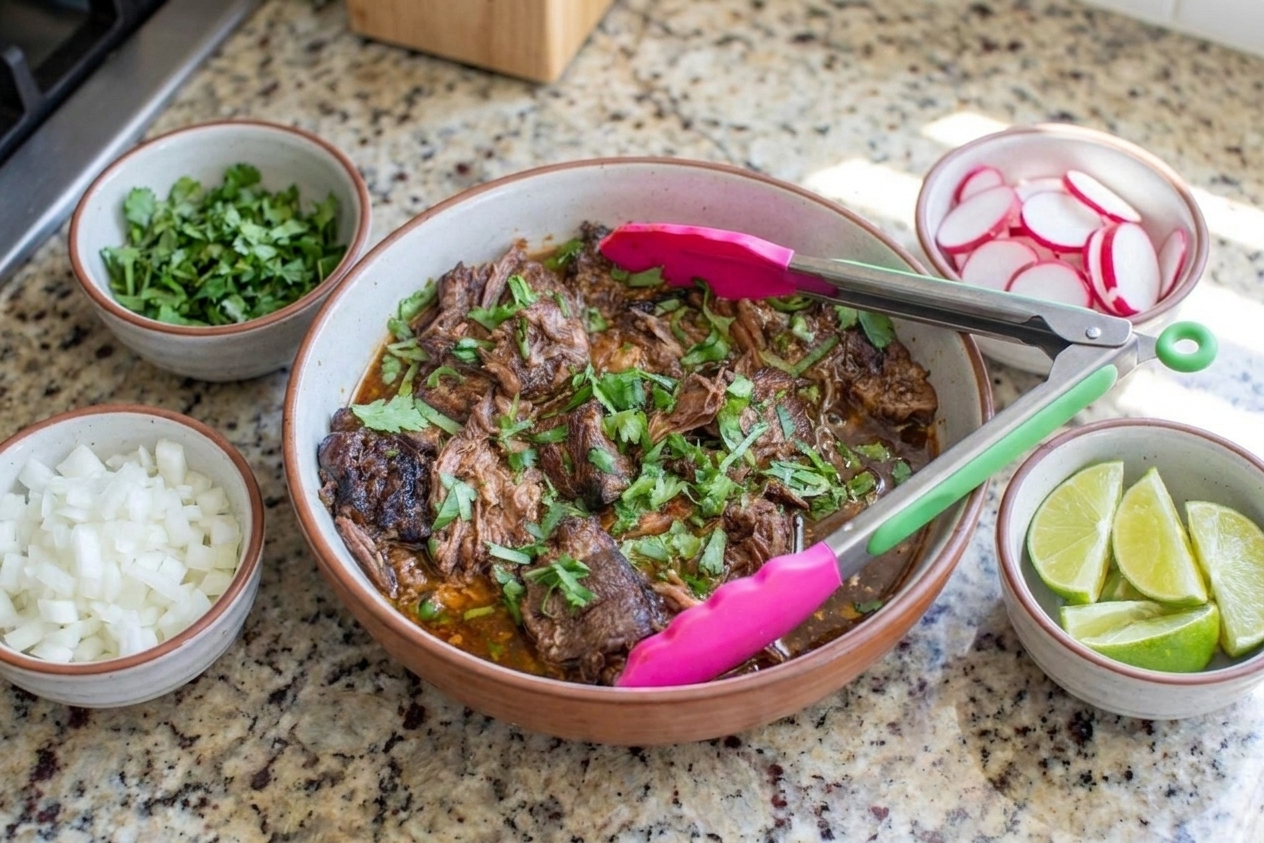 A bowl of barbacoa with small dishes of cilantro, diced onions, radishes, and lime wedges