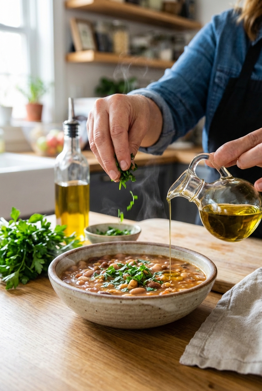 A bowl of bean soup being topped with chopped parsley and a drizzle of olive oil