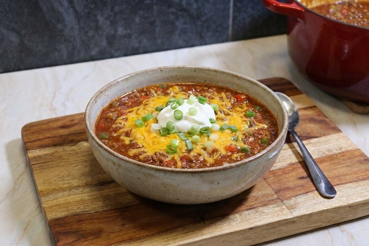 A bowl of beanless chili topped with shredded cheddar, sour cream, and sliced green onions on a wooden table setting