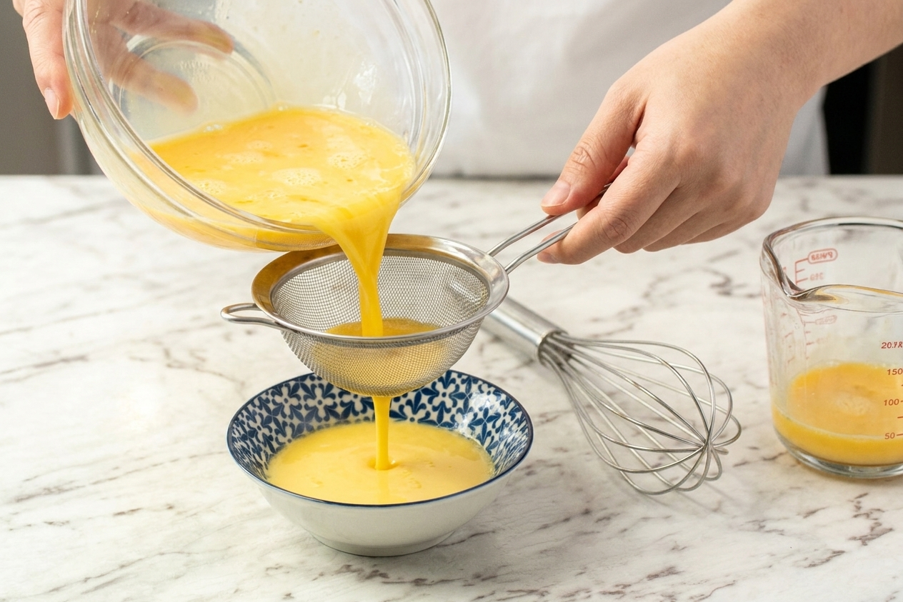A bowl of beaten eggs being poured through a fine-mesh strainer on a kitchen counter, with a whisk and measuring cup nearby