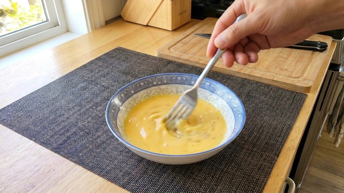 A bowl of beaten eggs being whisked on a kitchen counter with a fork, eggs smooth and pale yellow