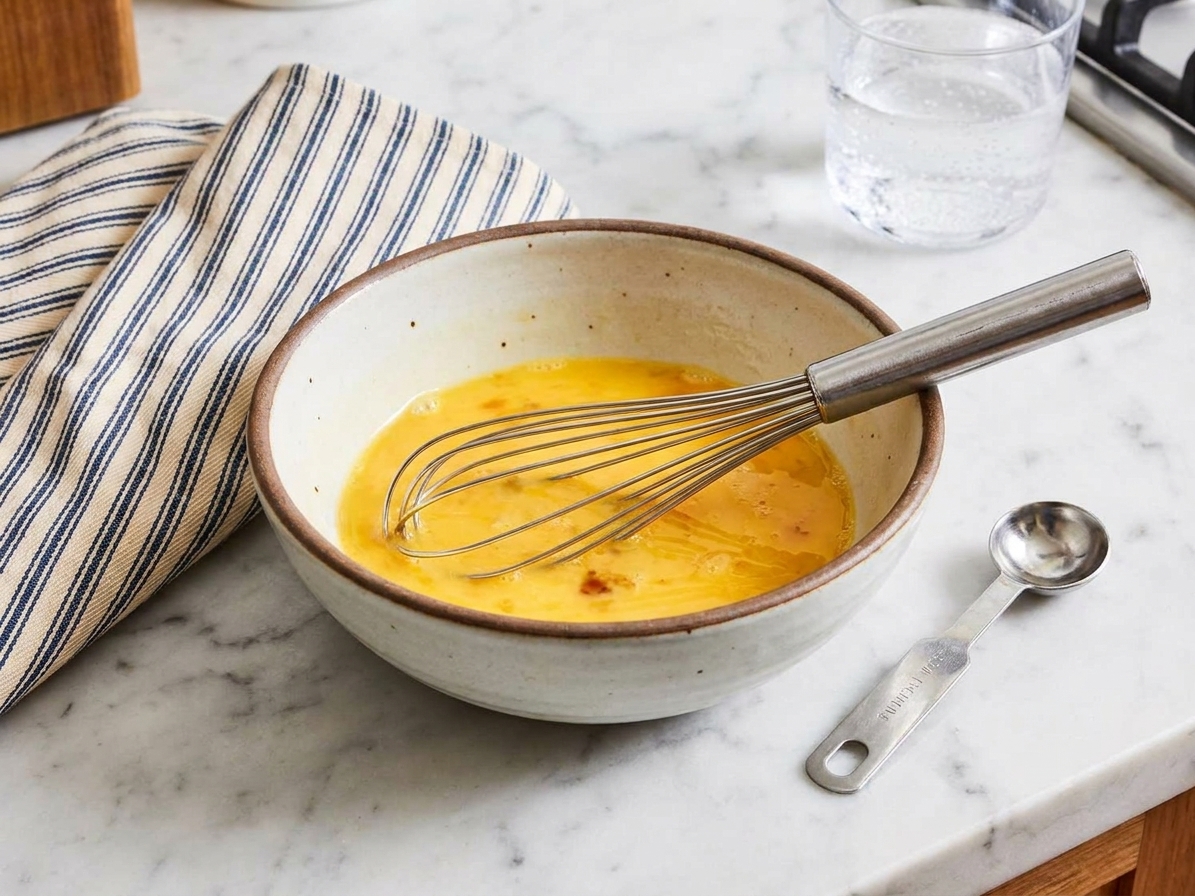 A bowl of beaten eggs mixed with dashi, mirin, and soy sauce on a kitchen counter with a whisk and small measuring spoon