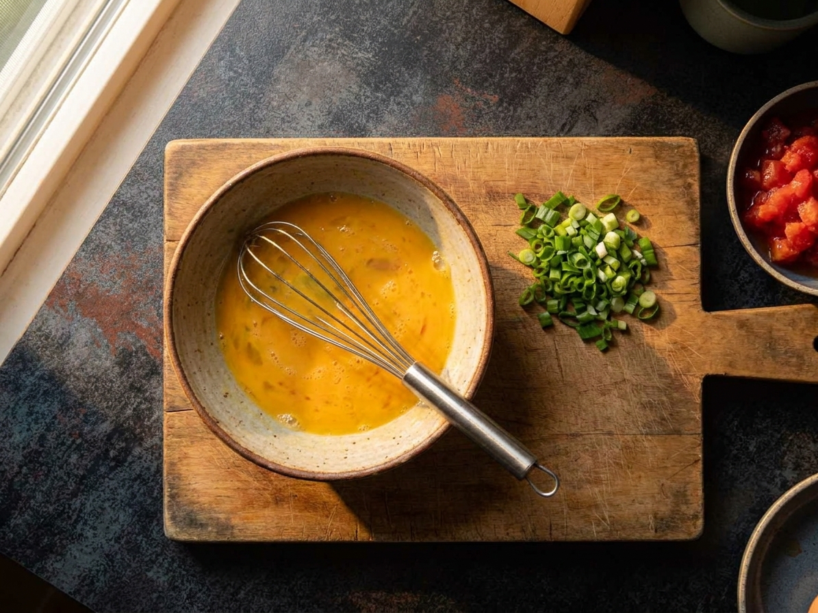 A bowl of beaten eggs with chopped scallions nearby on a wooden cutting board, set on a tidy kitchen counter under warm light