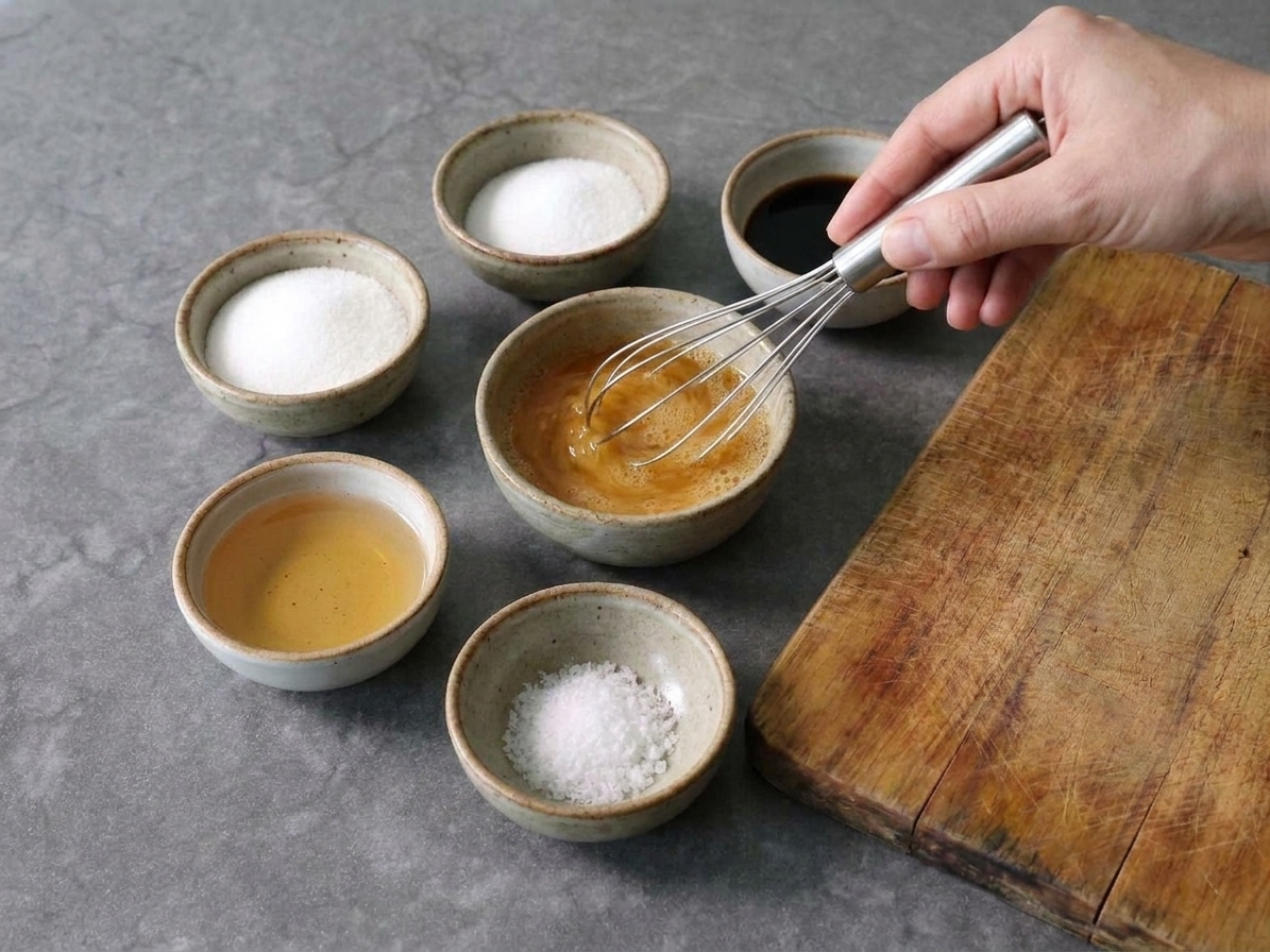 A bowl of beaten eggs with soy sauce and mirin being whisked until smooth on a kitchen counter