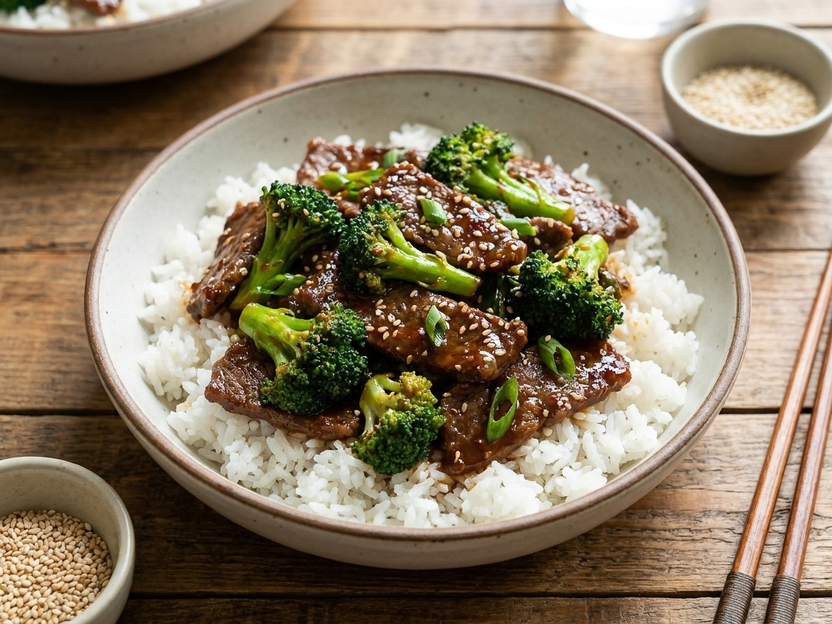 A bowl of beef and broccoli stir-fry served over white rice with sesame seeds on a simple dinner table