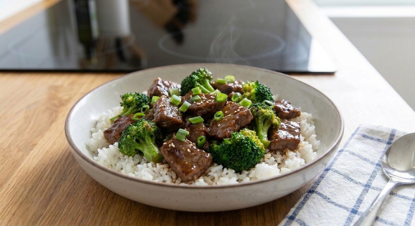 A bowl of beef and broccoli stir fry with glossy brown sauce, steamed white rice, and sesame seeds on a warm wood table under soft kitchen lighting