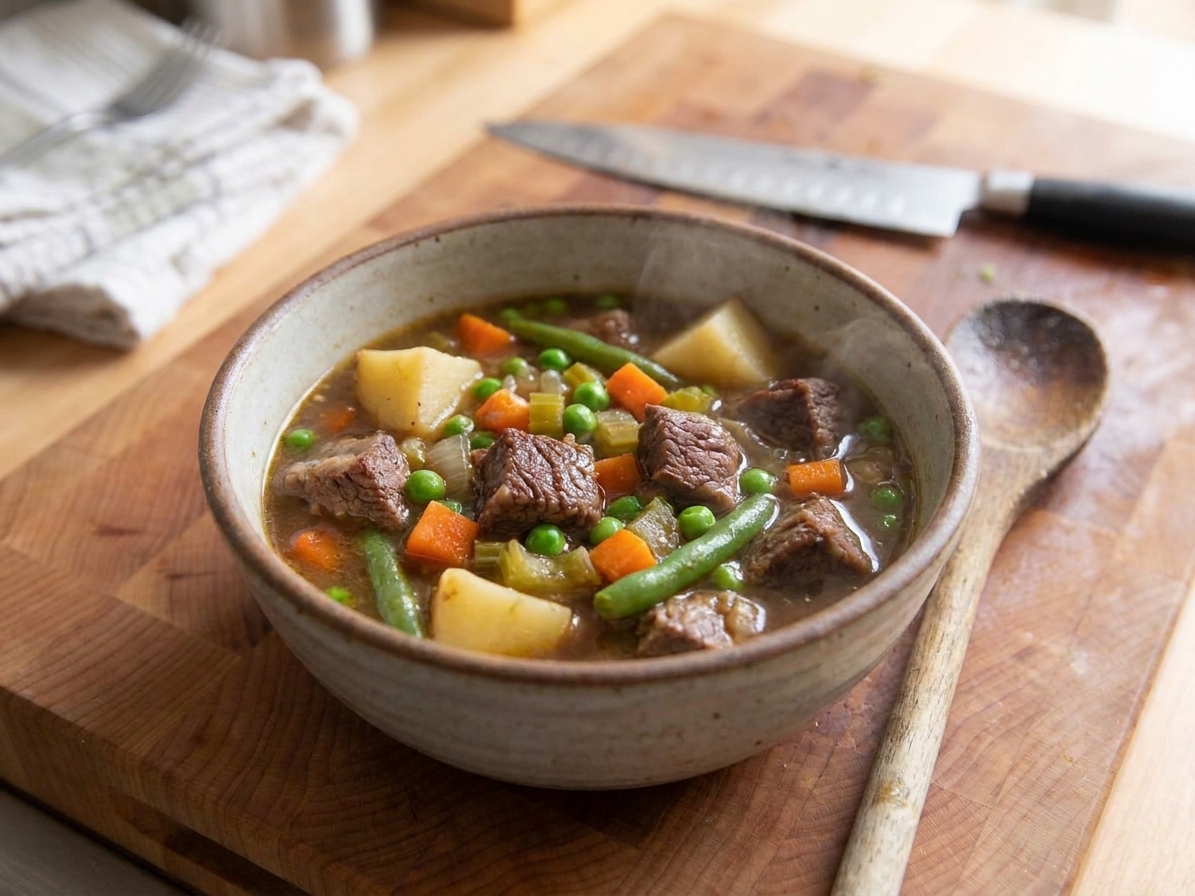 A bowl of beef and vegetable soup on a wooden table, showing tender beef, carrots, potatoes, peas, and green beans with a spoon beside it