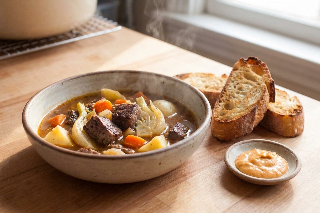 A bowl of beef bouillabaisse on a wooden table with crusty bread slices and a small dish of rouille nearby, warm natural kitchen lighting