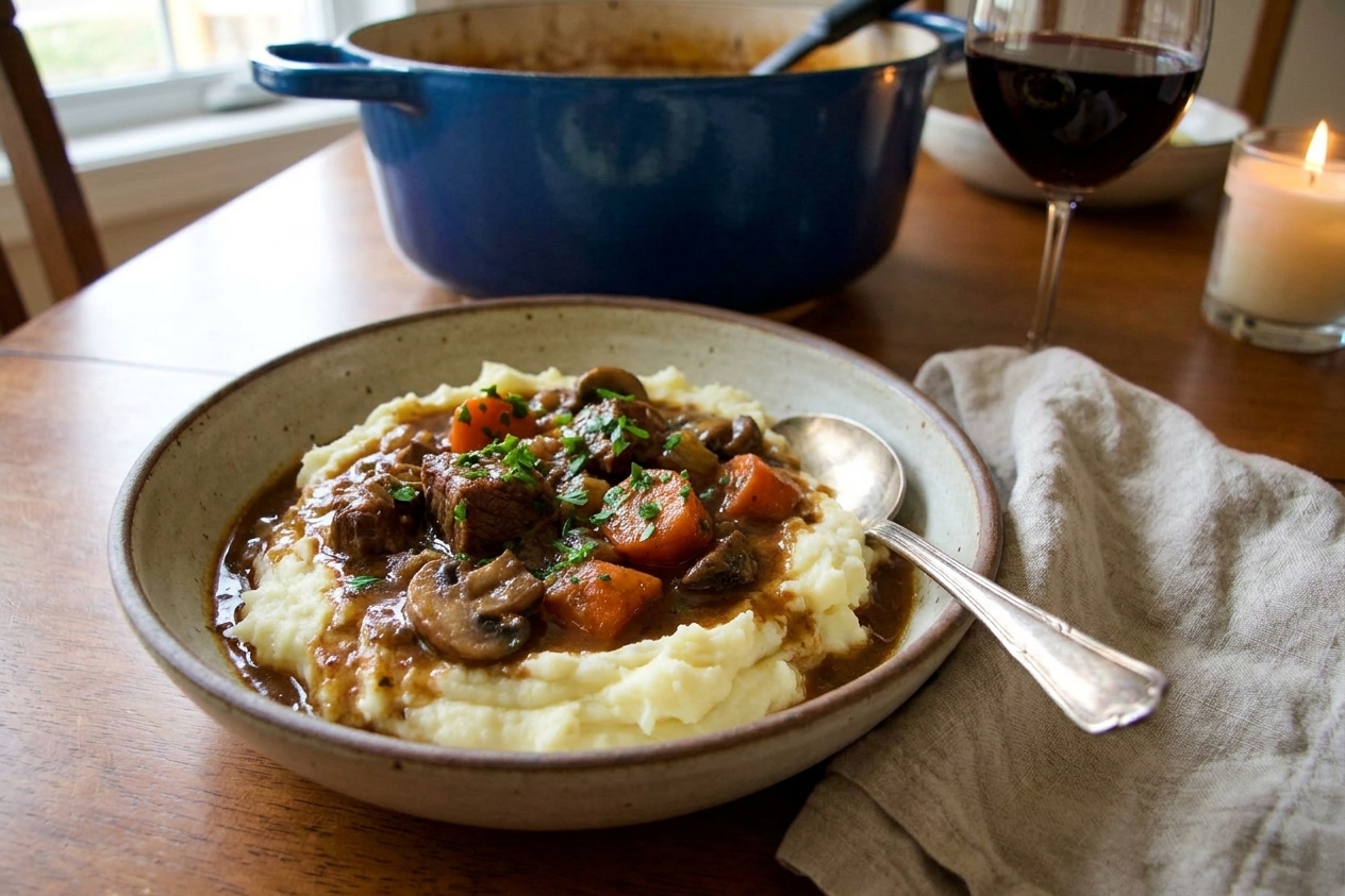 A bowl of beef bourguignon served over mashed potatoes with parsley on top, with a spoon and a linen napkin on a cozy dinner table