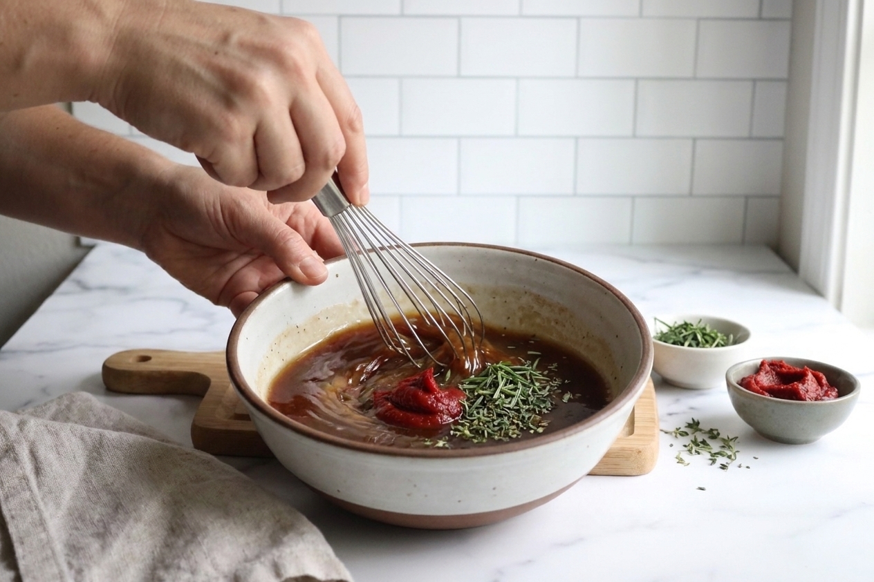 A bowl of beef broth being whisked with tomato paste and herbs on a kitchen counter