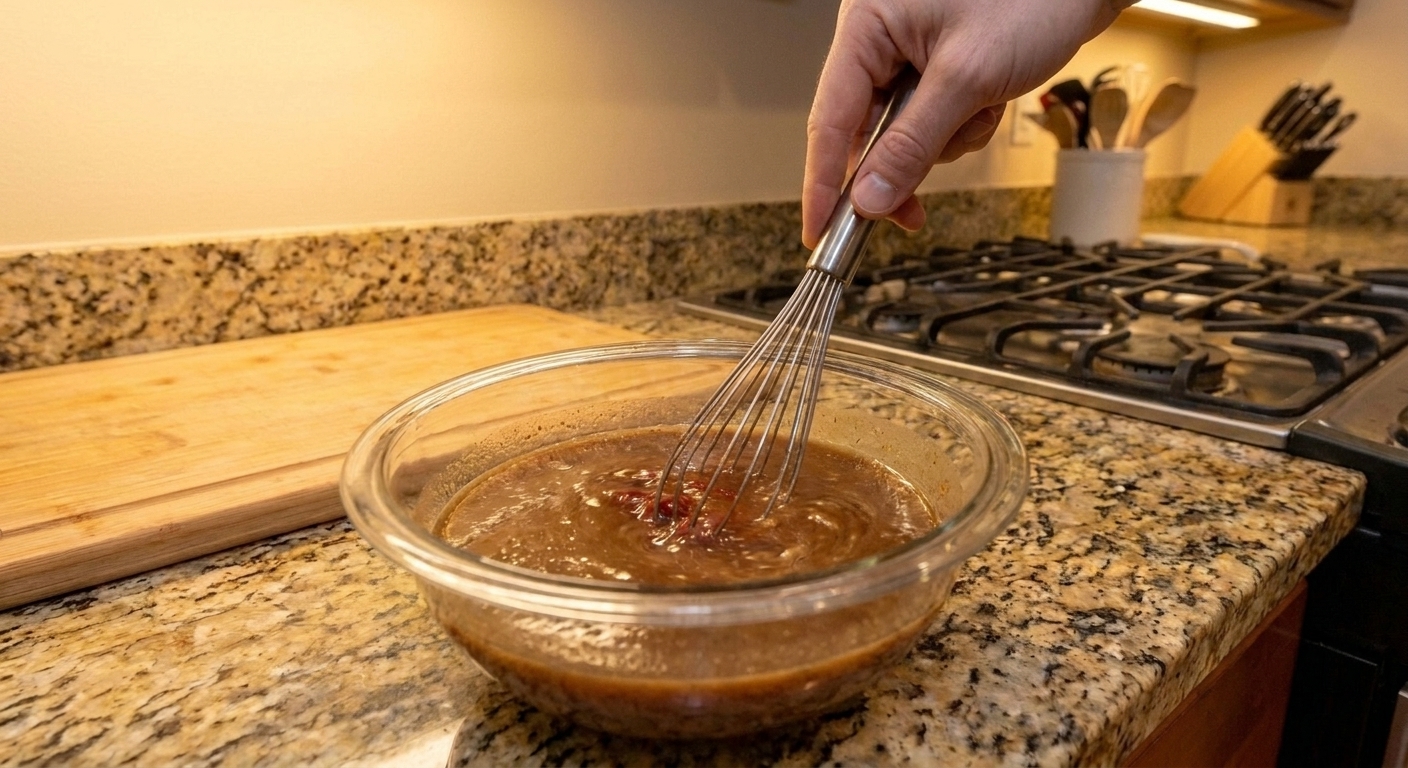 A bowl of beef broth, tomato paste, and seasonings being whisked until smooth on a kitchen counter