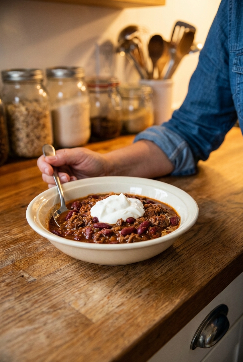 A bowl of beef chili with beans and a dollop of sour cream