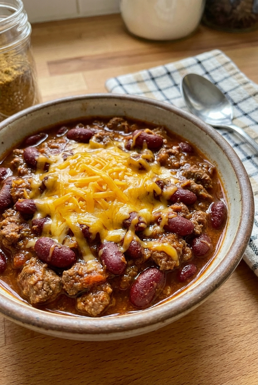 A bowl of beef chili with beans topped with shredded cheese