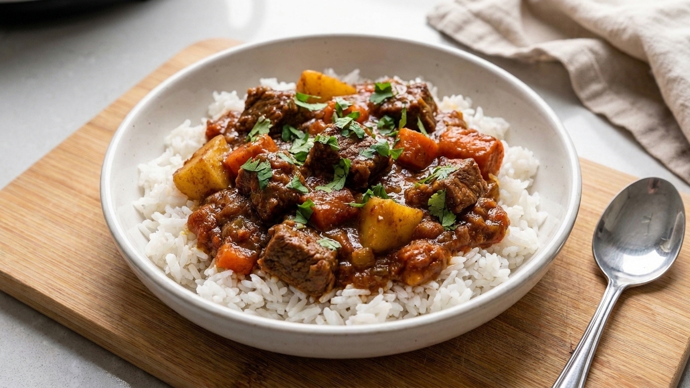 A bowl of beef curry served over white rice with chopped cilantro on top, set on a wooden table with a spoon nearby