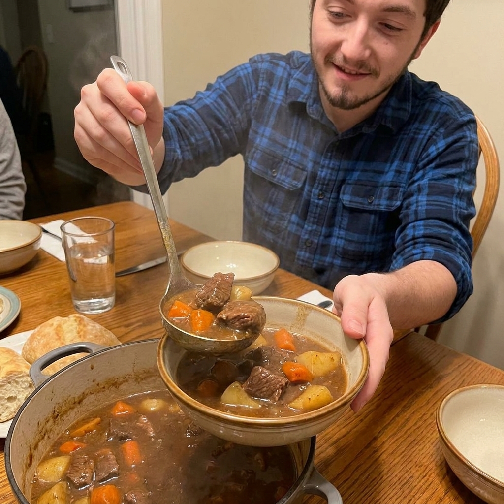 A bowl of beef stew being ladled at a dinner table, showing tender beef chunks, carrots, potatoes, and thick gravy with a spoon mid-pour