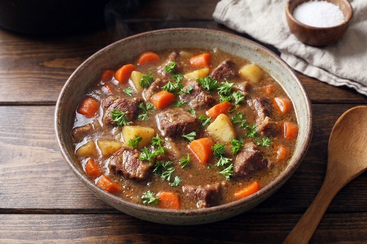 A bowl of beef stew topped with chopped parsley on a wooden table with a spoon beside it