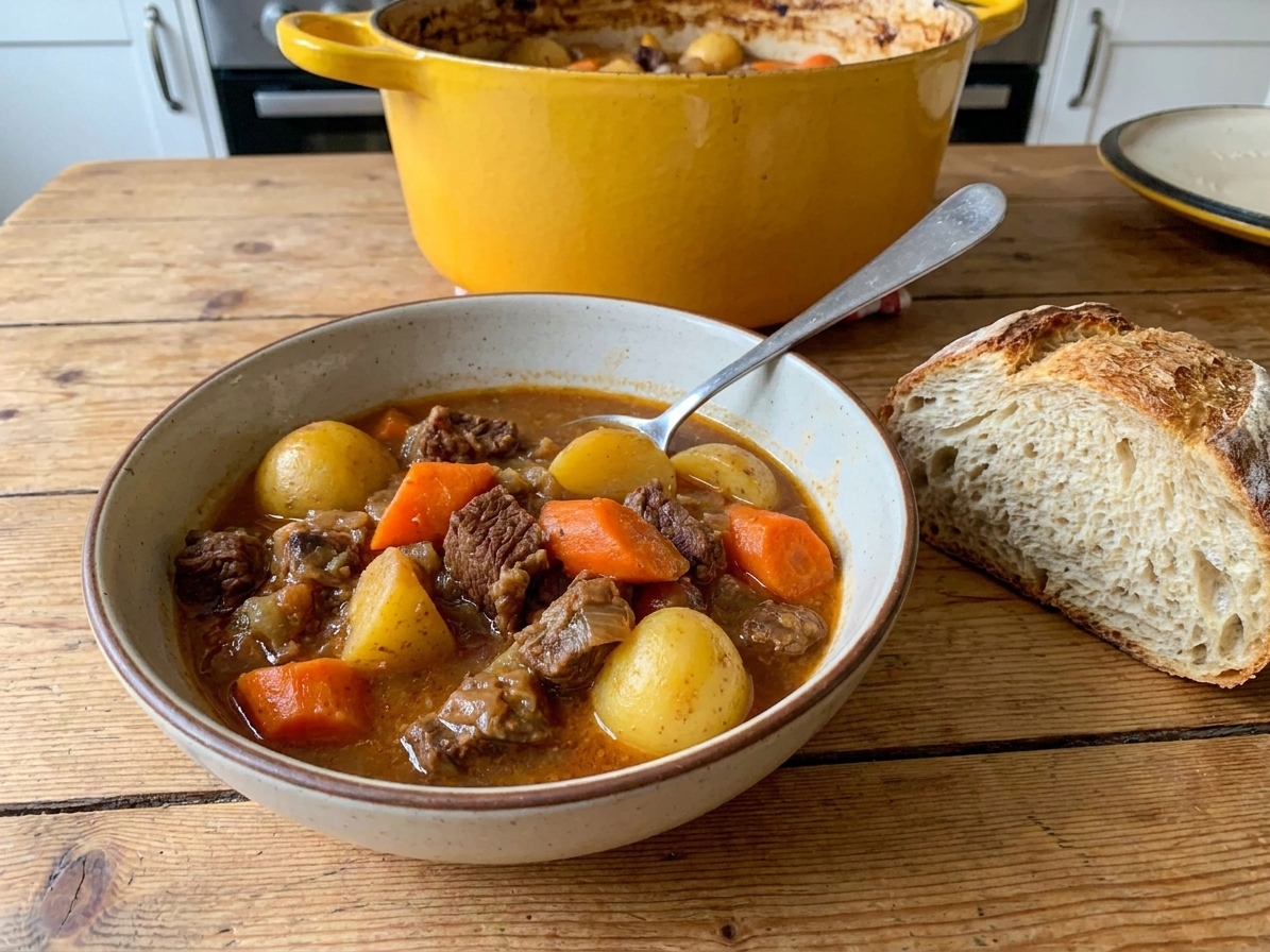 A bowl of beef stew with tender beef, potatoes, and carrots on a dinner table with a spoon and rustic bread nearby