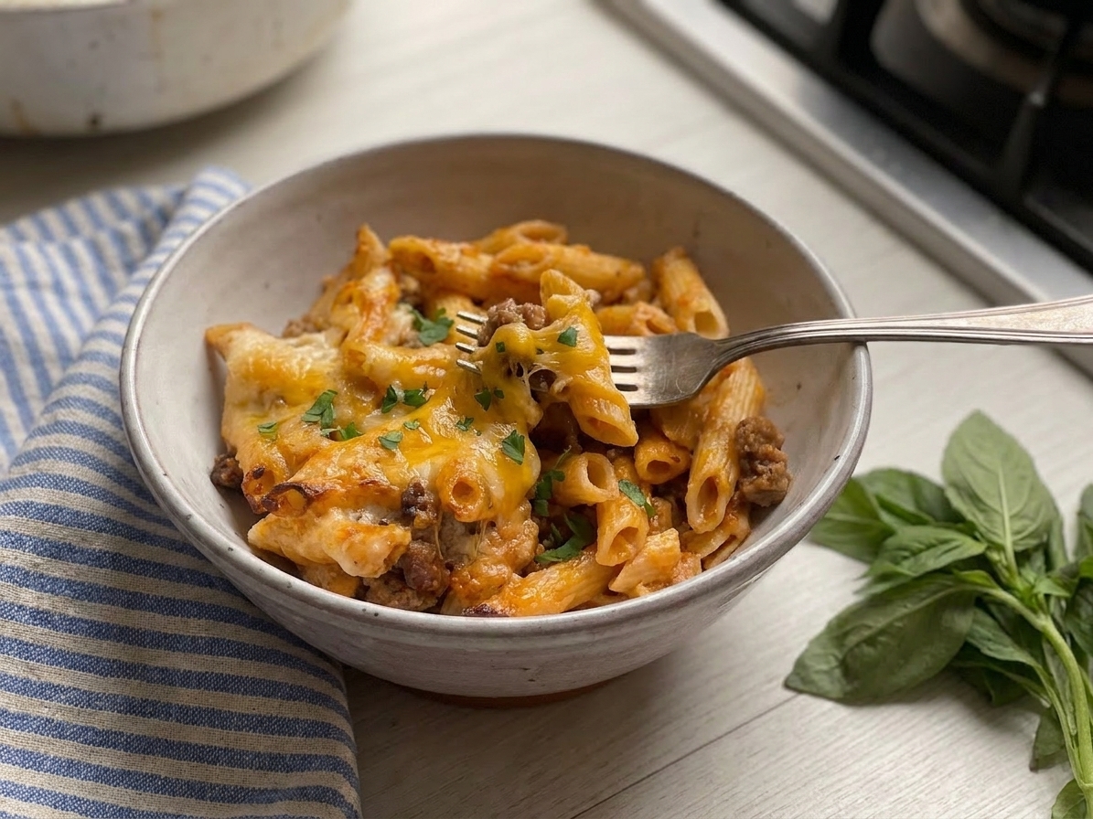 A bowl of beefaroni topped with melted cheddar and parsley on a simple dinner table setting with a fork and napkin, cozy evening light