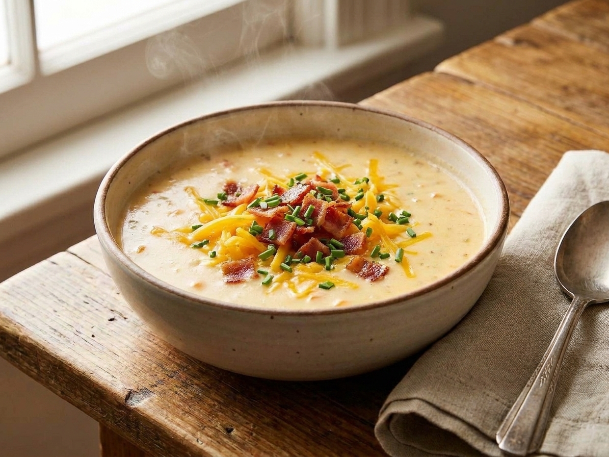 A bowl of beer cheese soup topped with crisp bacon pieces and chives, sitting on a neutral kitchen table setting