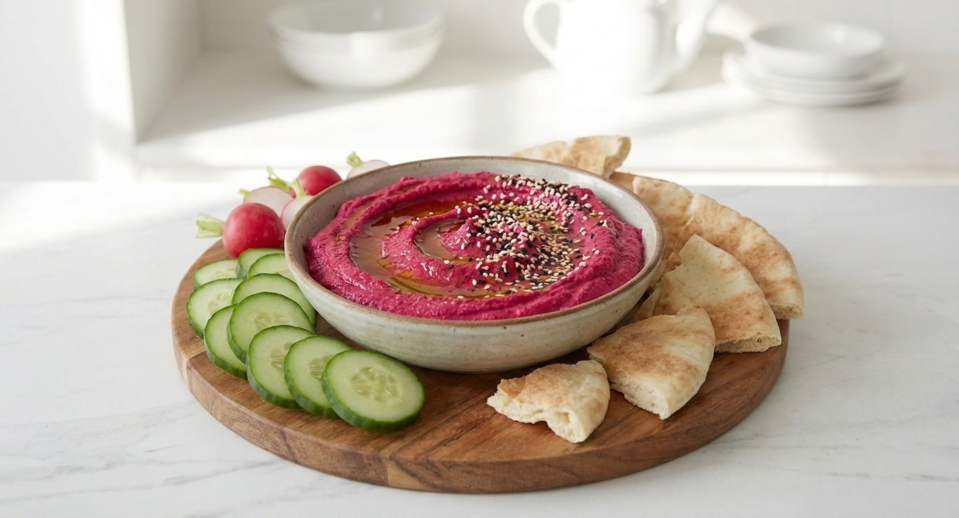 A bowl of beet hummus with a glossy olive oil drizzle and sesame seeds, served with sliced cucumbers and pita on a wooden board