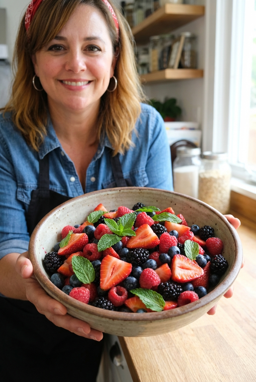 A bowl of berry fruit salad with mint in natural light