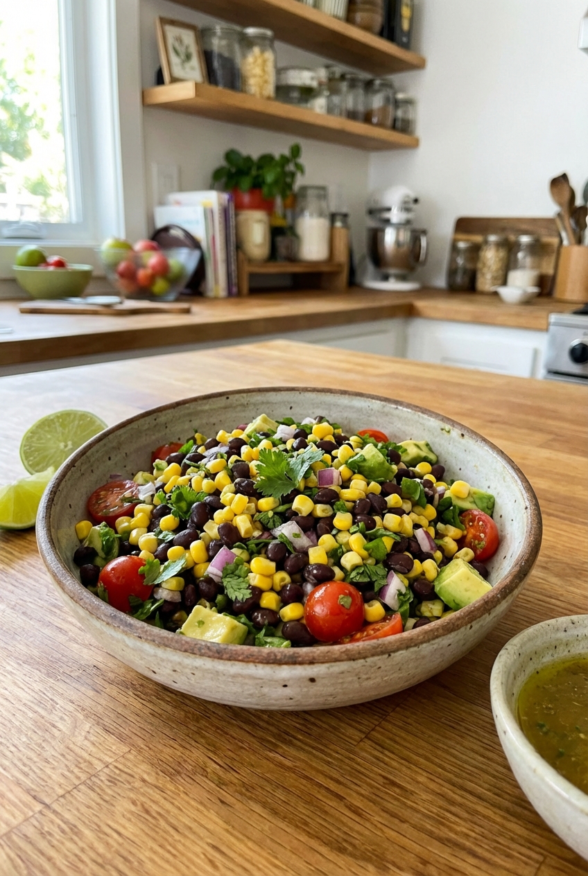 A bowl of black bean and corn salad with cilantro and lime