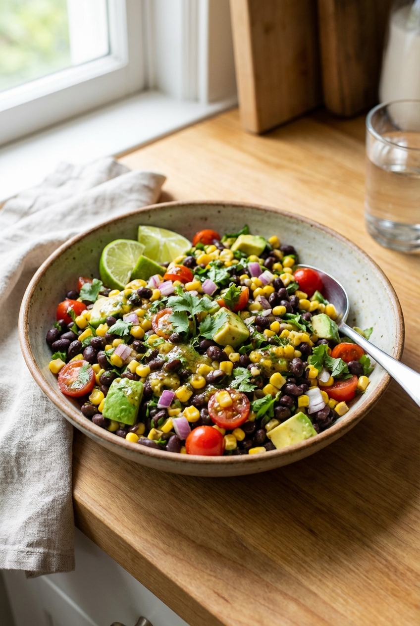 A bowl of black bean and corn salad with cilantro and lime