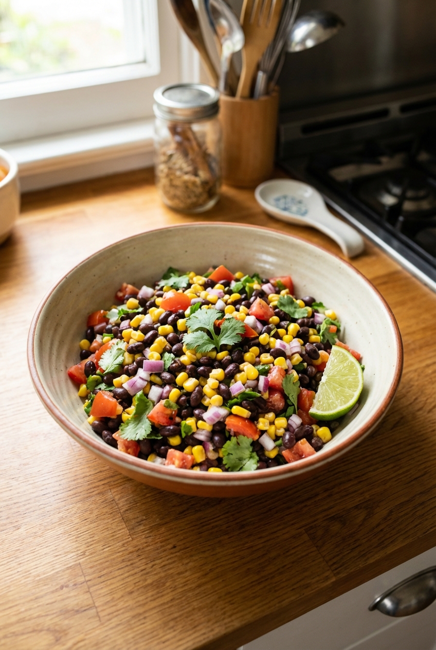 A bowl of black bean and corn salad with cilantro