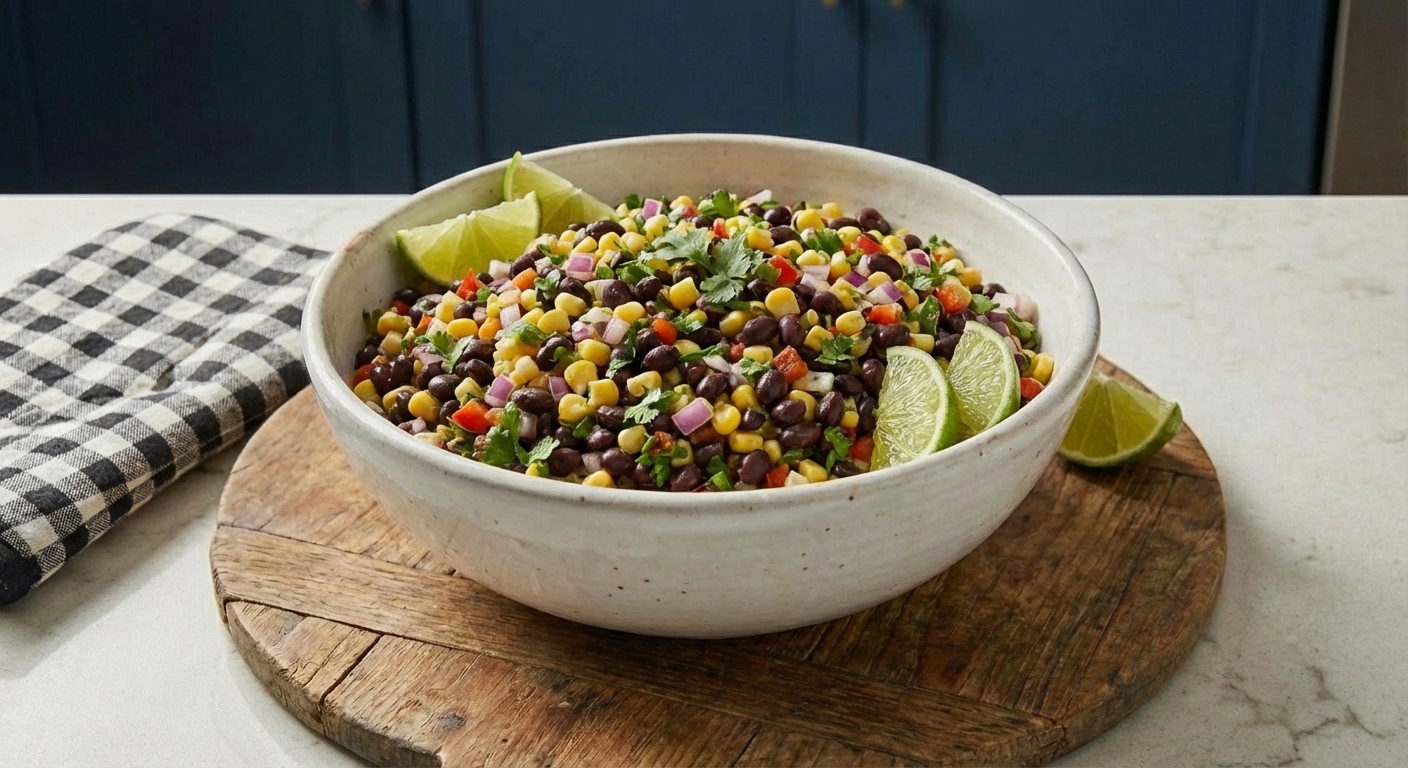 A bowl of black bean and corn salad with red onion and lime wedges