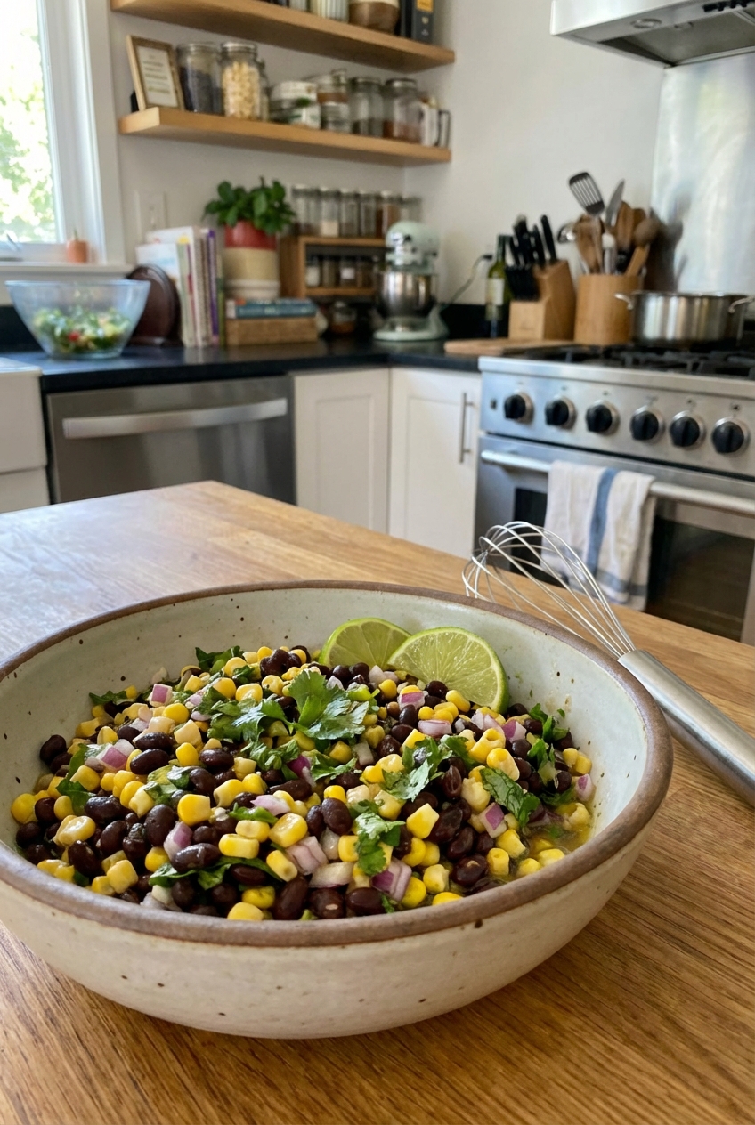 A bowl of black bean and corn salad with red onion and lime