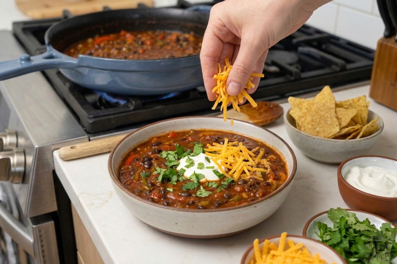 A bowl of black bean chili being topped with shredded cheddar, sour cream, and cilantro on a kitchen counter with tortilla chips nearby