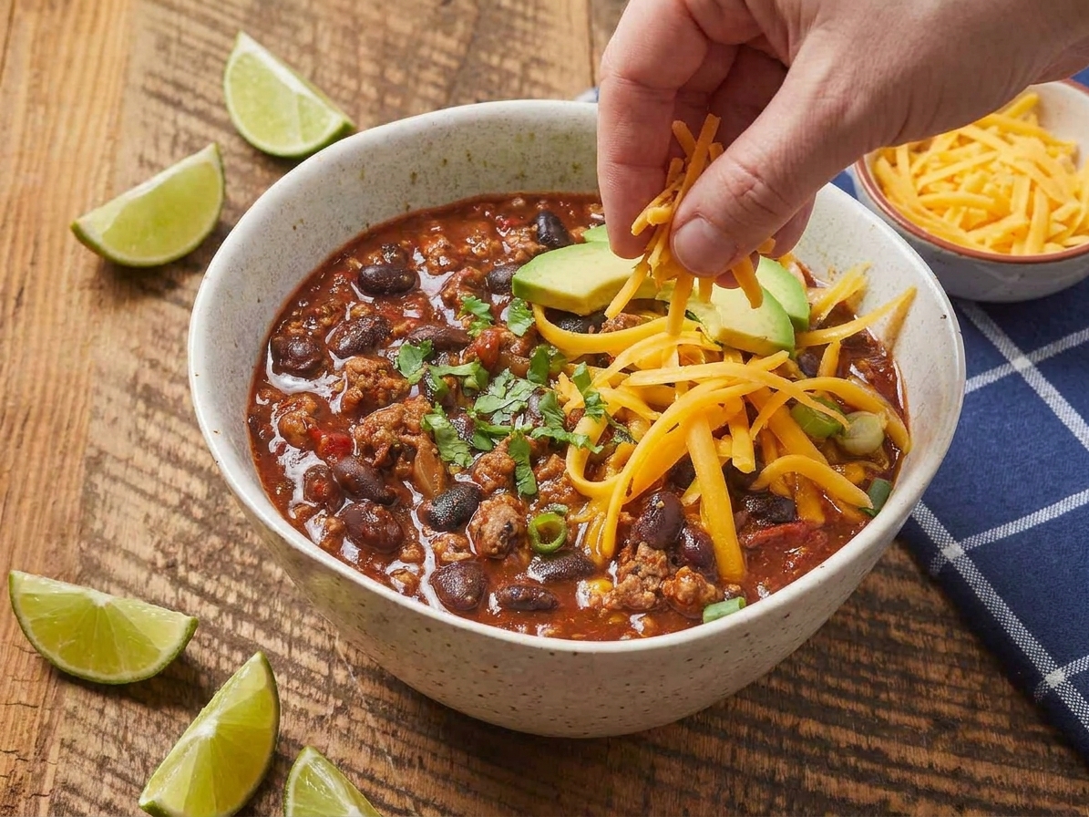 A bowl of black bean chili being topped with shredded cheese, cilantro, and avocado on a kitchen counter with lime wedges nearby