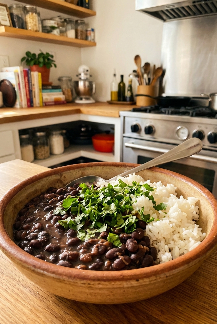 A bowl of black beans and rice with cilantro on top