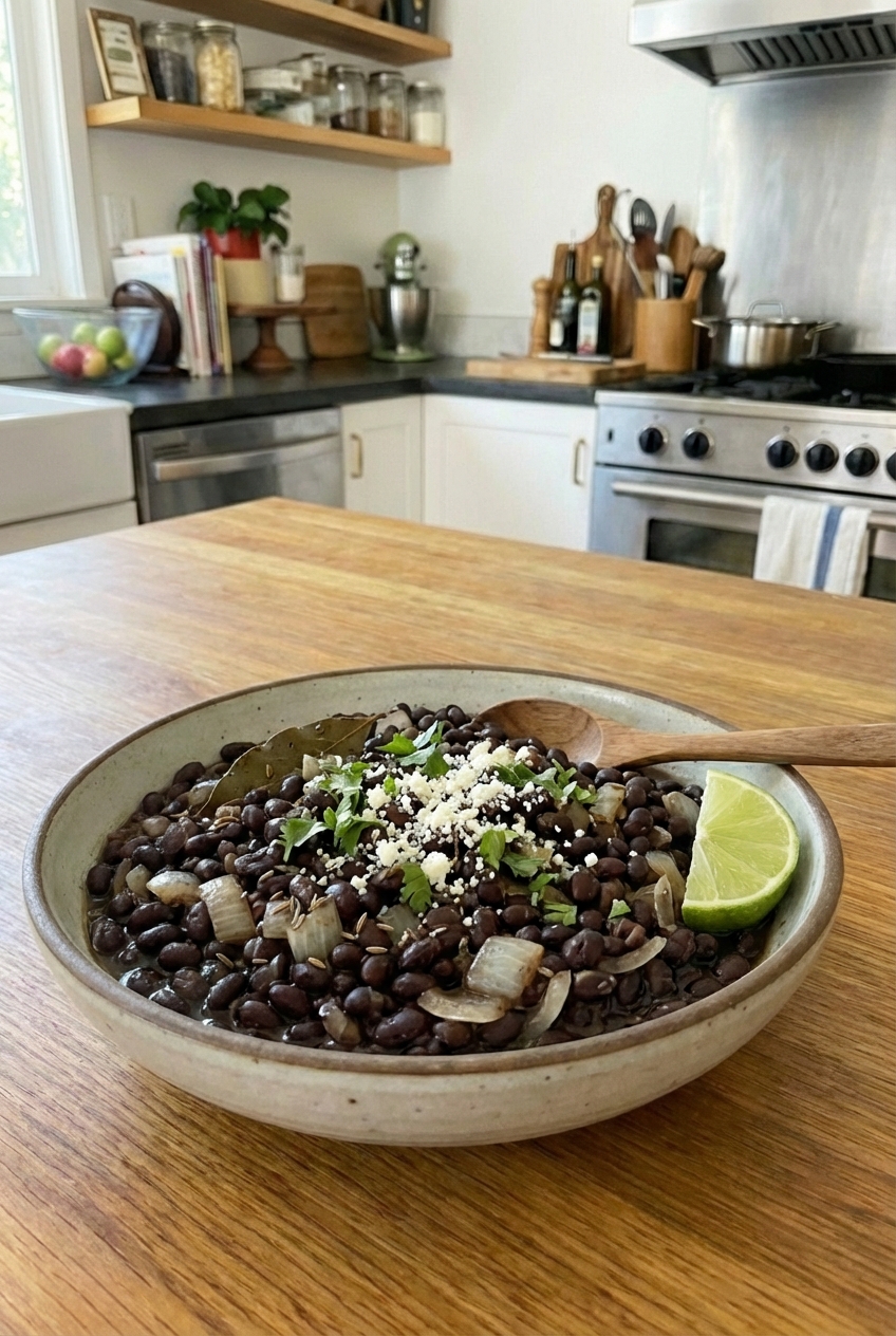 A bowl of black beans simmered with onions and spices