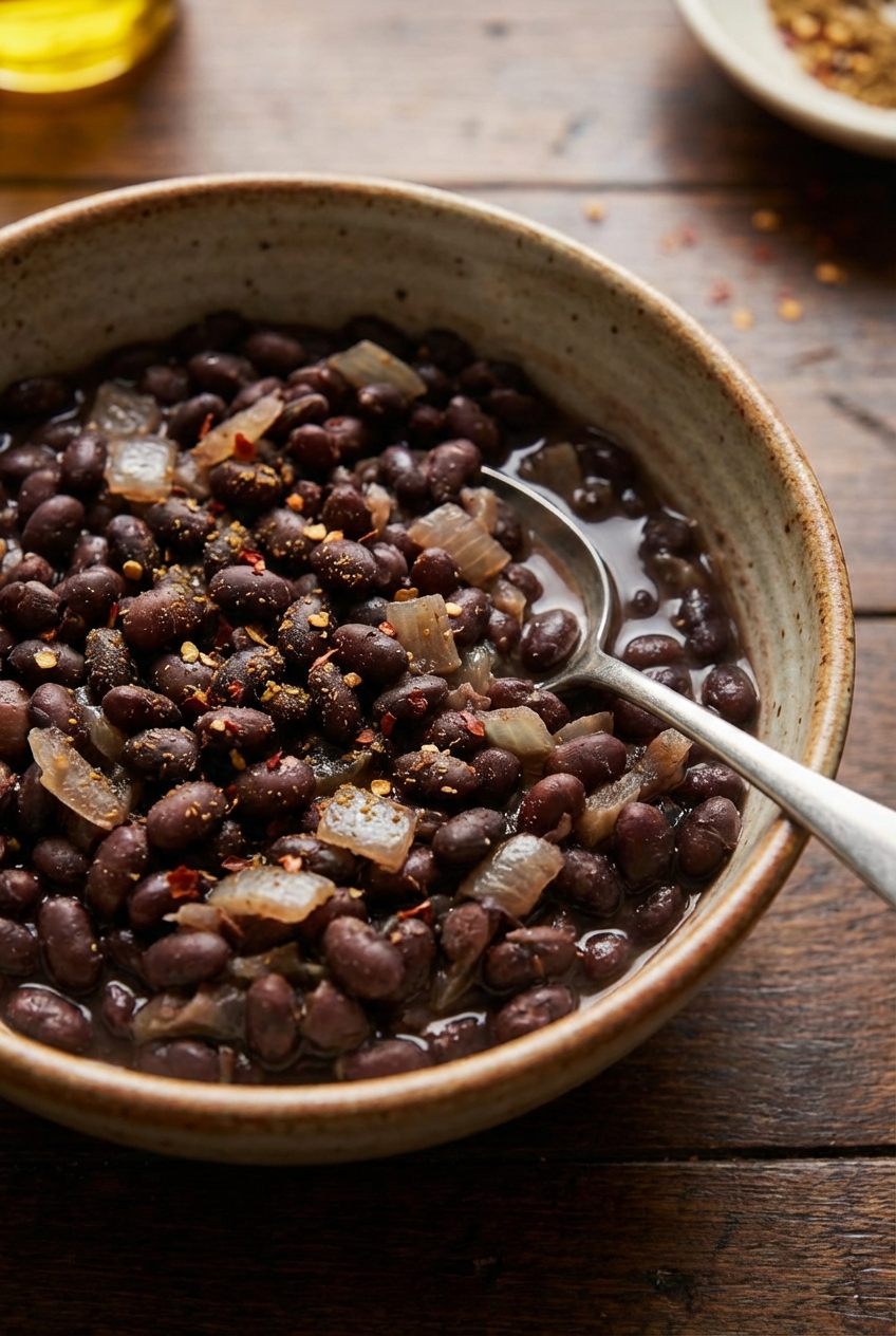 A bowl of black beans simmered with onions and spices