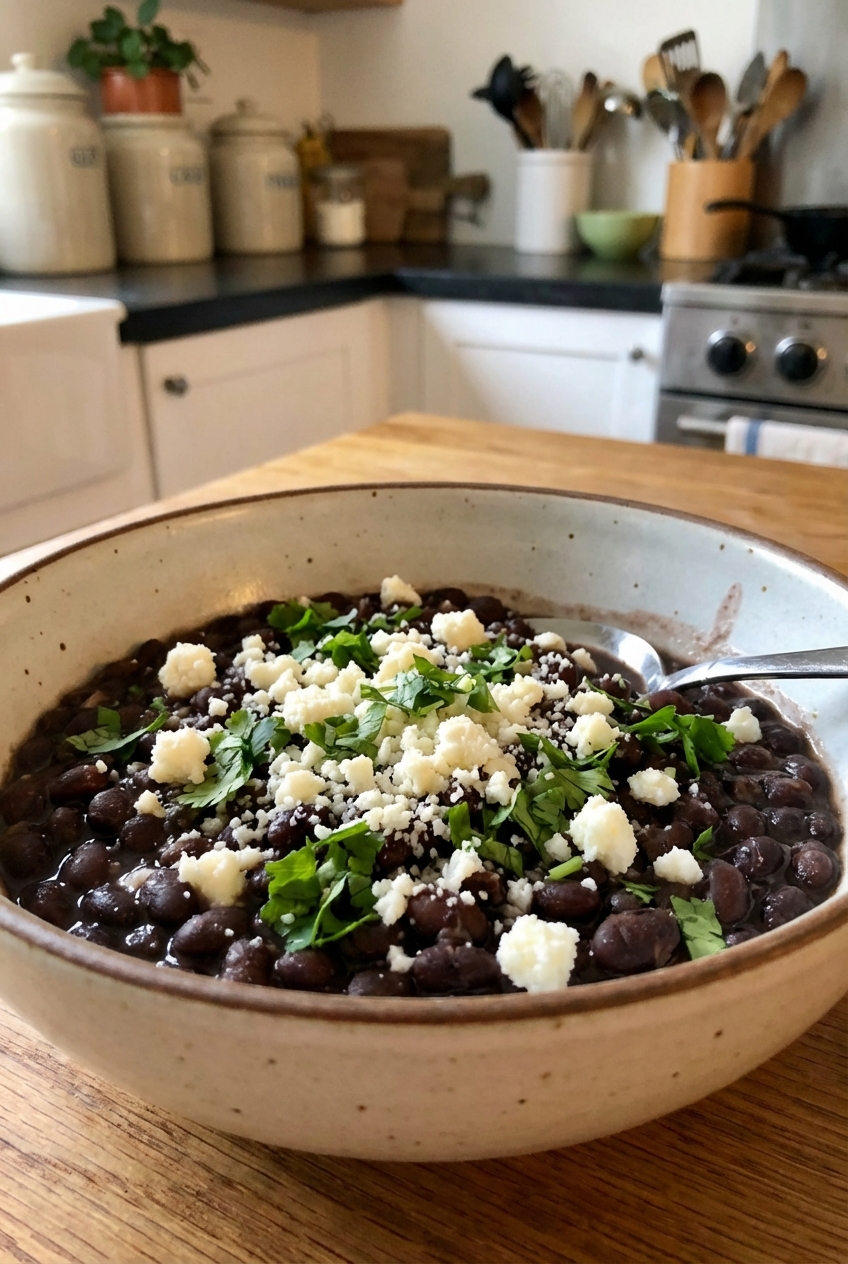 A bowl of black beans with cotija cheese and cilantro