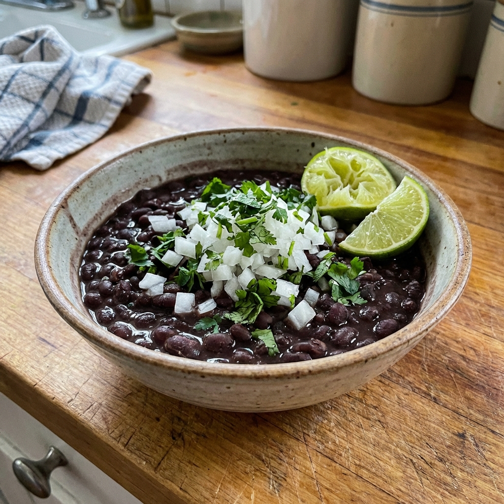 A bowl of black beans with diced onion, cilantro, and lime wedges