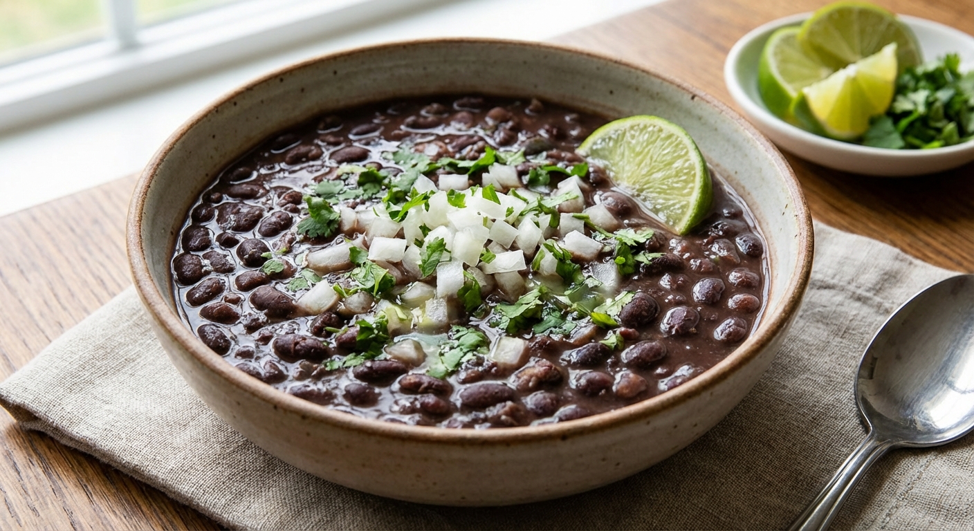 A bowl of black beans with diced onions, cilantro, and a squeeze of lime